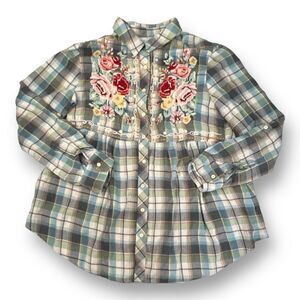 Johnny Was Floral Embroidery Plaid Front Button Top Size Large